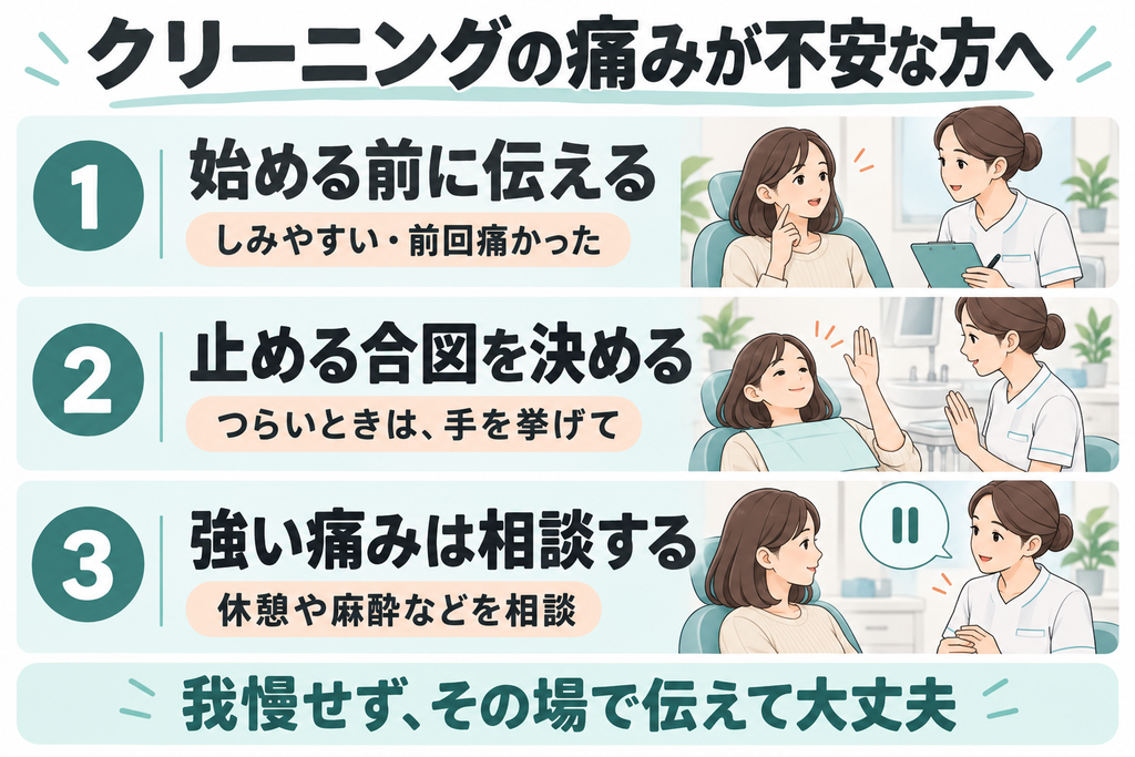 クリーニングの痛みが不安なときは、しみやすさや過去の痛みを事前に伝え、止める合図を決め、強い痛みは休憩や麻酔などを相談する。