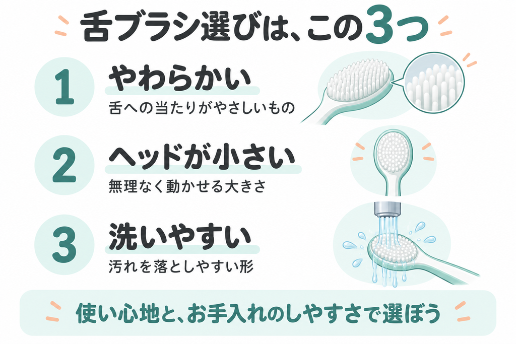 舌ブラシを選ぶ3つのポイント。やわらかく、ヘッドが小さく、洗いやすいものを選ぶ。