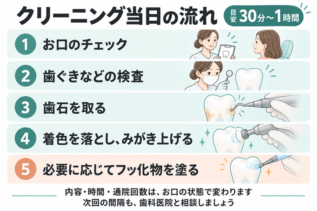 クリーニングは、お口のチェック、歯ぐきなどの検査、歯石除去、着色除去と研磨、必要に応じたフッ化物塗布の流れ。時間の目安は30分から1時間で、内容や通院回数はお口の状態によって異なる。