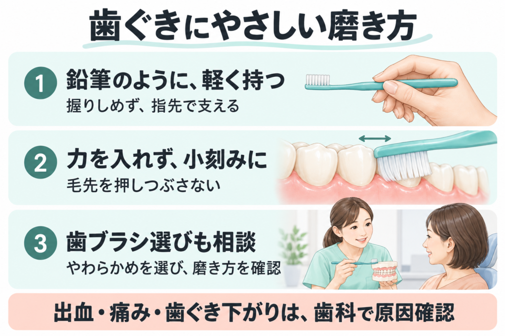 歯ブラシは鉛筆のように指先で軽く持ち、毛先を押しつぶさない力で小刻みに動かす。やわらかめの歯ブラシや磨き方を歯科で相談し、出血や痛み、歯ぐき下がりの原因を確認する。