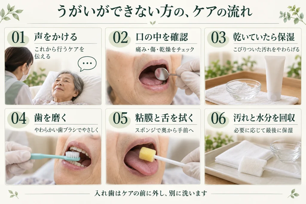 声かけ、口の中の確認、乾燥時の保湿、歯みがき、粘膜と舌の拭き取り、汚れと水分の回収というケアの流れ。入れ歯は先に外して別に洗う。