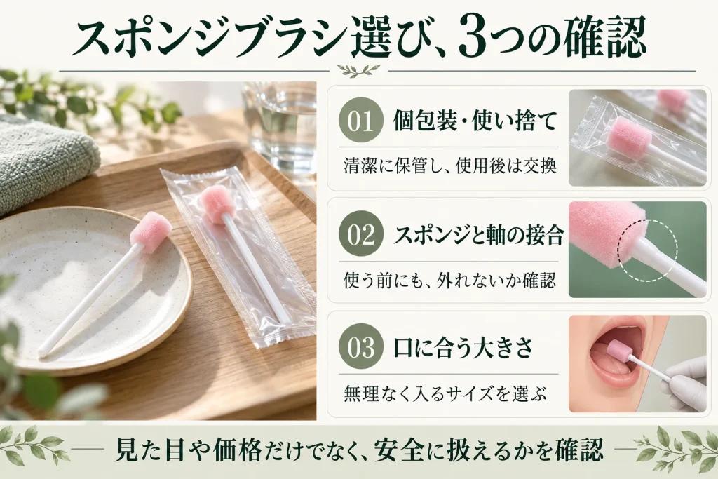 スポンジブラシは個包装・使い捨て、スポンジと軸の接合、口に合う大きさを確認して選ぶ。