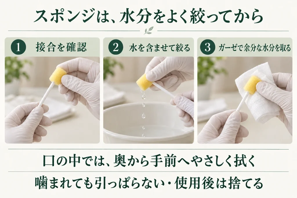 スポンジと軸の接合を確認し、水を含ませてよく絞り、ガーゼで余分な水分を取る。口の中では奥から手前へやさしく拭き、使用後は捨てる。