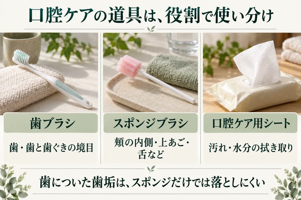 歯ブラシは歯と歯ぐきの境目、スポンジブラシは頬の内側や上あご・舌、口腔ケア用シートは汚れと水分の拭き取りに使い分ける。