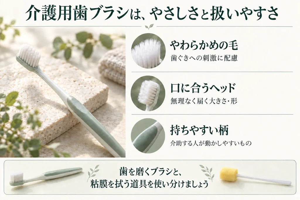 介護用歯ブラシを選ぶポイントは、やわらかめの毛、口に合うヘッド、介助する人が持ちやすい柄。