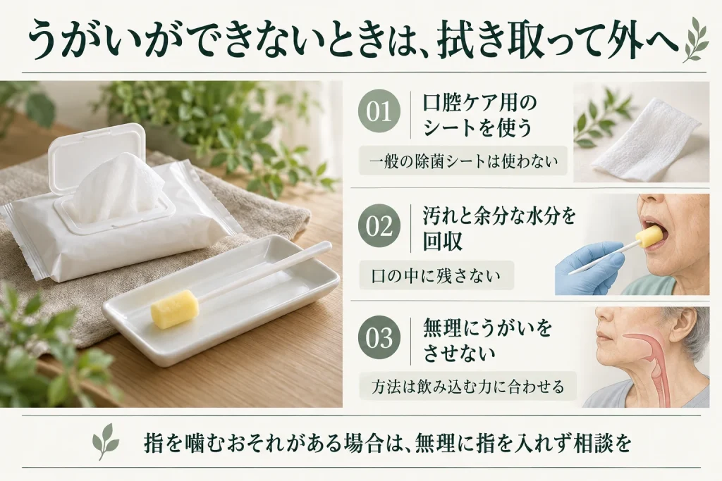 うがいができない場合は口腔ケア用シートなどで汚れと余分な水分を回収する。無理にうがいをさせず、指を噛むおそれがあるときは無理に指を入れない。