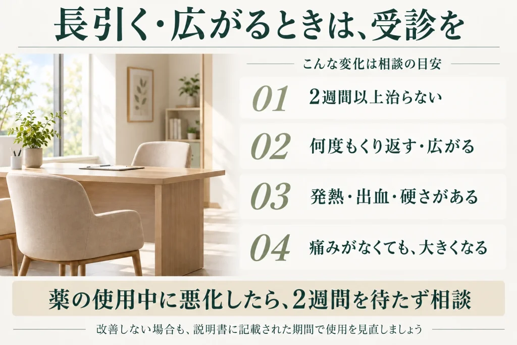 2週間以上治らない、くり返す・広がる、発熱・出血・硬さがある、痛みがなくても大きくなる場合は受診の目安。薬で悪化した場合は2週間を待たず相談する。