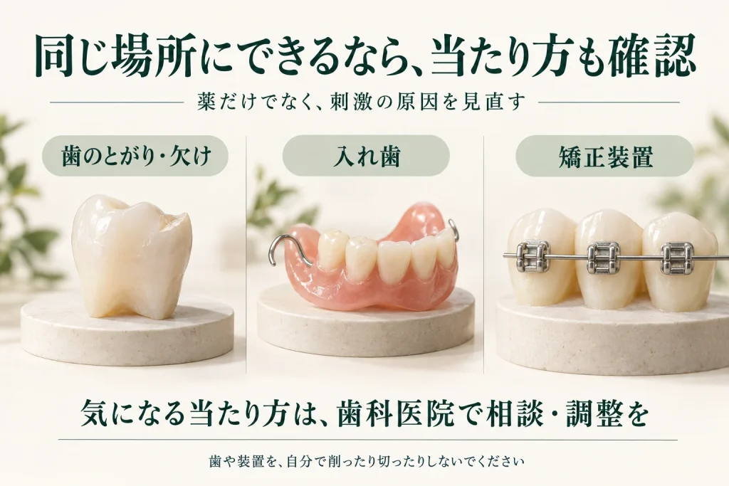 歯のとがりや欠け、入れ歯、矯正装置が口の粘膜への刺激になることがある。同じ場所にくり返す場合は、歯科医院で当たり方を相談する。