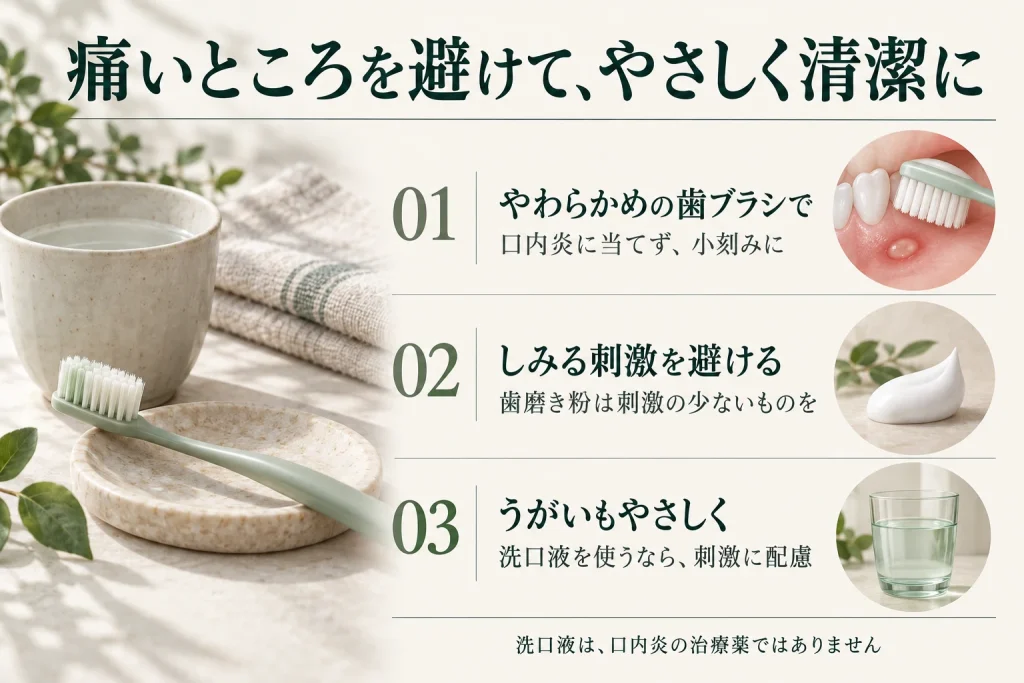 やわらかめの歯ブラシで口内炎を避けて小刻みに磨く。しみる刺激を避け、うがいもやさしく行う。洗口液は口内炎の治療薬ではない。