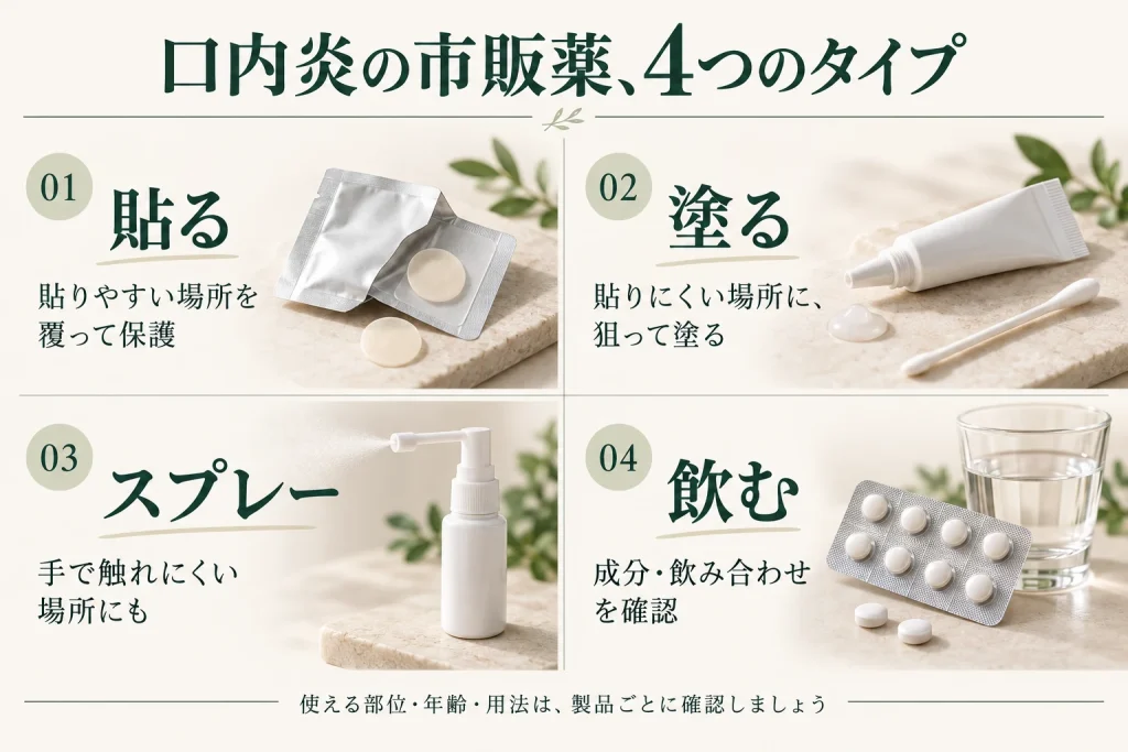 口内炎の市販薬の4タイプ。貼る薬は患部を覆って保護、塗る薬は貼りにくい場所に、スプレーは手で触れにくい場所に。飲み薬は成分と飲み合わせを確認する。