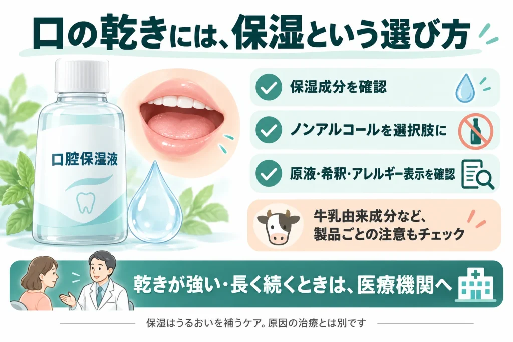 口の乾きには保湿成分を含む口腔保湿液が選択肢。アルコールの有無、原液か希釈か、アレルギーに関する注意を確認する。