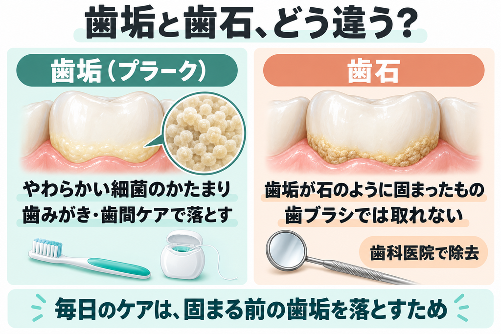 歯垢はやわらかい細菌のかたまりで歯みがきや歯間ケアで落とす。歯石は歯垢が固まったもので、歯ブラシでは取れず歯科医院で除去する。