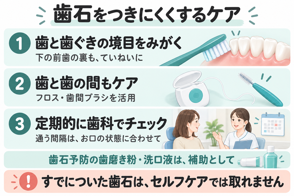 歯石予防には歯と歯ぐきの境目や下の前歯の裏のみがき残しを減らし、フロスや歯間ブラシ、定期的な歯科チェックを活用する。歯石予防の歯磨き粉や洗口液は補助で、すでについた歯石はセルフケアでは取れない。