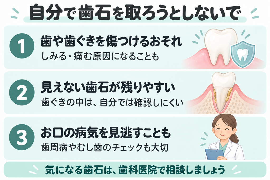 自分で歯石を取ろうとすると歯や歯ぐきを傷つけるおそれがあり、見えない歯石が残ったり、歯周病やむし歯を見逃したりすることもある。気になる歯石は歯科医院へ相談する。
