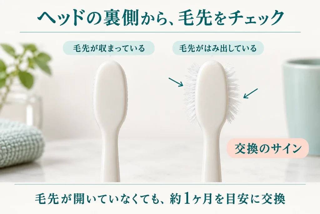 歯ブラシのヘッドを裏側から見た比較。ヘッドの輪郭から毛先がはみ出していたら交換のサイン。