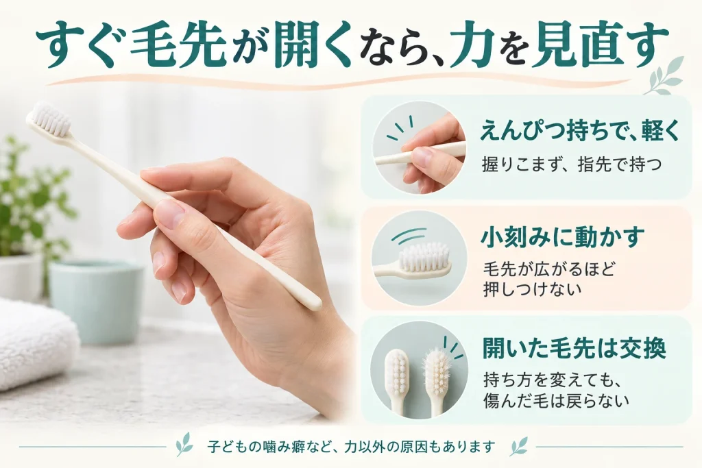 歯ブラシをえんぴつ持ちで軽く持ち、小刻みに動かす例。毛先が広がるほど押しつけず、開いた毛先は交換する。
