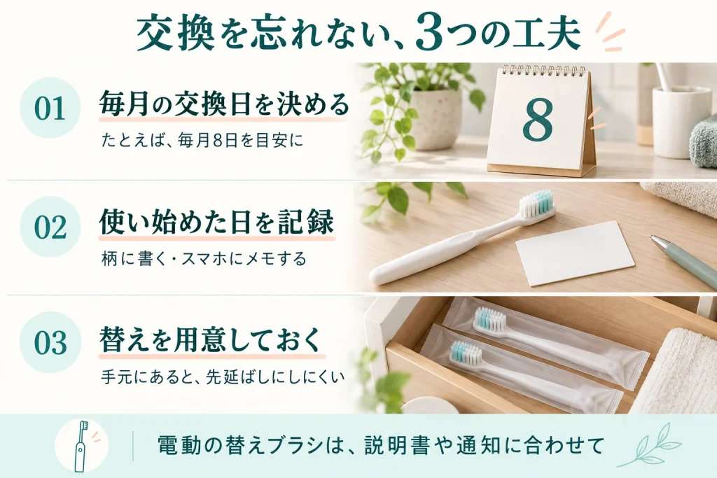 毎月の交換日を決める、使い始めた日を記録する、替えを用意しておくという3つの工夫。