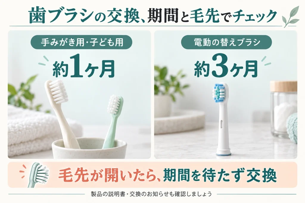 手みがき用・子ども用は約1ヶ月、電動の替えブラシは約3ヶ月が目安。毛先が開いたら期間を待たず交換する。