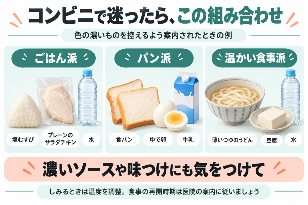 色の濃いものを控えるよう案内されたときのコンビニの食事例。塩むすび・プレーンのサラダチキン・水、食パン・ゆで卵・牛乳、薄いつゆのうどん・豆腐・水の3組。