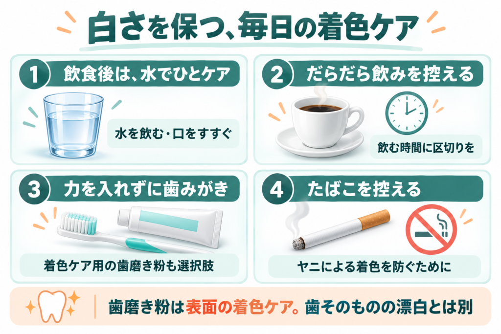 毎日の着色ケアとして、飲食後に水を飲むか口をすすぎ、だらだら飲みを控え、力を入れずに歯みがきをし、たばこを控える。歯磨き粉による着色ケアは歯そのものの漂白とは異なる。
